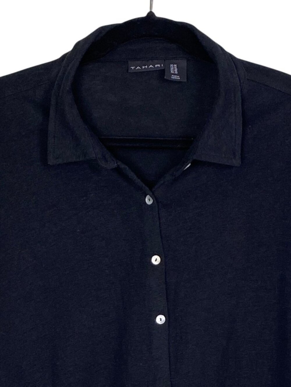 Tahari Linen Blend Button Down Shirt Black 3/4 Roll Sleeve Minimalist Capsule-1X - Picture 2 of 11